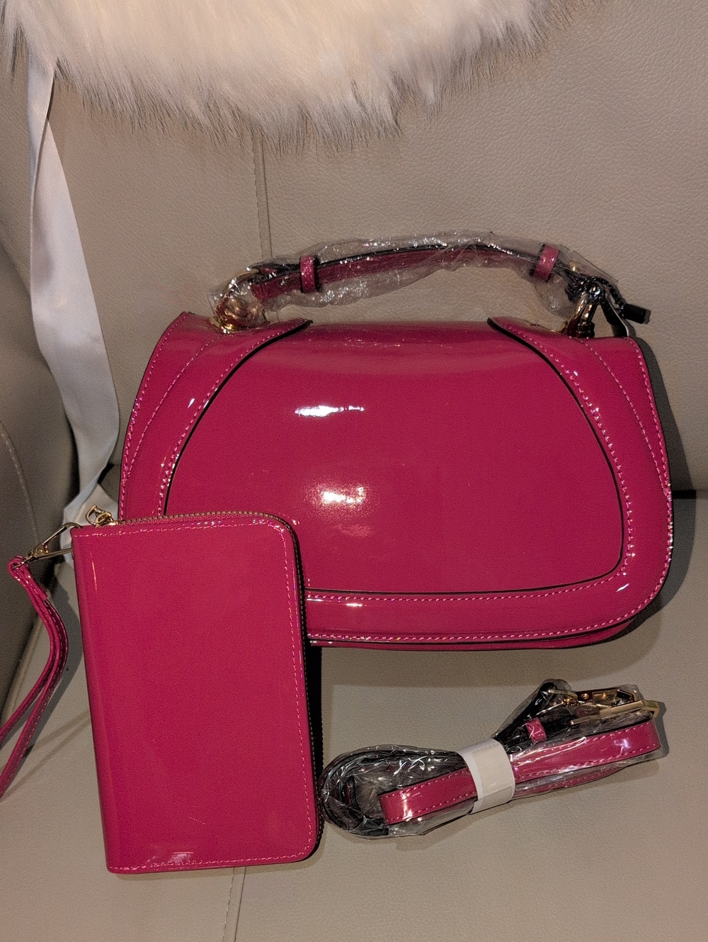 Hot Pink Patent Leather Top-Handle Bag with Wristlet And Crossbody Strap - Picture 1 of 16